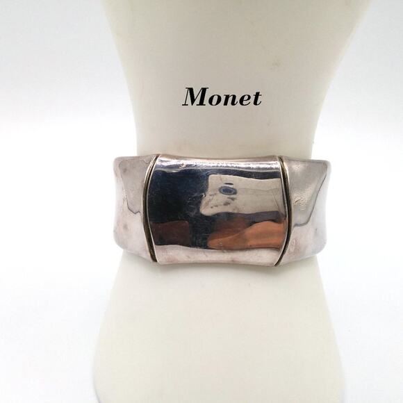 Monet Wide Reflective Silver Tone Cuff Bracelet, 6 Inches - Picture 1 of 10